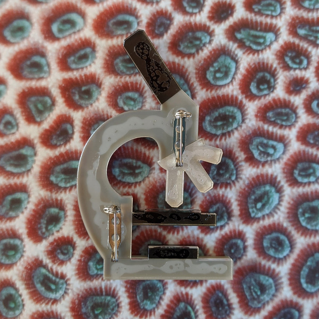 Laser Cut Acrylic Large Statement Microscope Brooch. Photo Shows Brooch Back. 