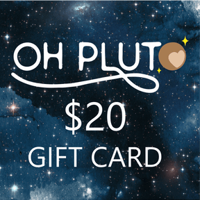 Gift card with 'OH PLUTO' branding and a $20 value against a starry space background.