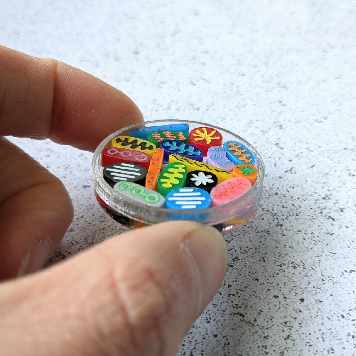 Petri Dish Brooch with tiny microbes. Laser cut in acrylic. Close up angled view 2.