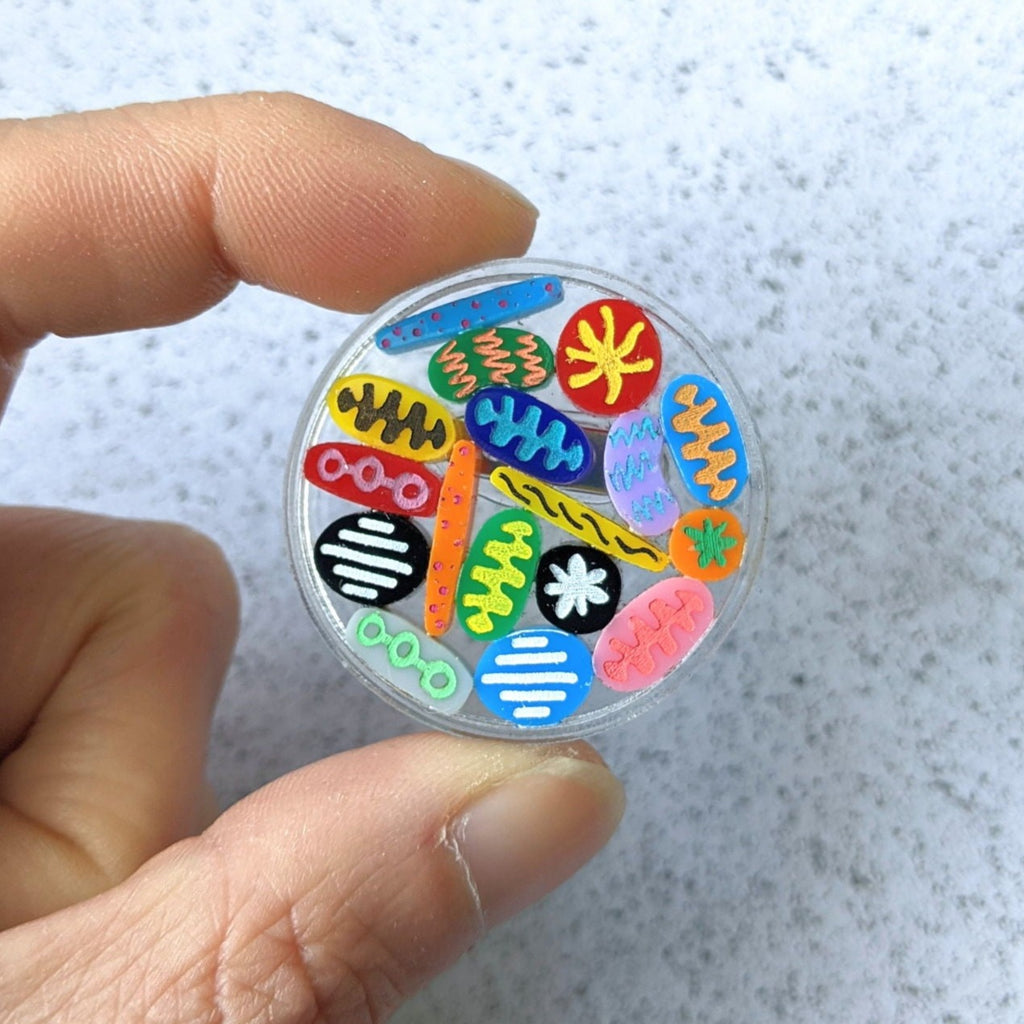 Petri Dish Brooch with tiny microbes. Laser cut in acrylic. 