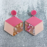 Laser cut acrylic statement cube earrings in pink colourway. 