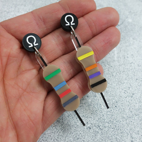 Laser Cut Acrylic Resistor Earrings with Black Ohm Earring Toppers. 