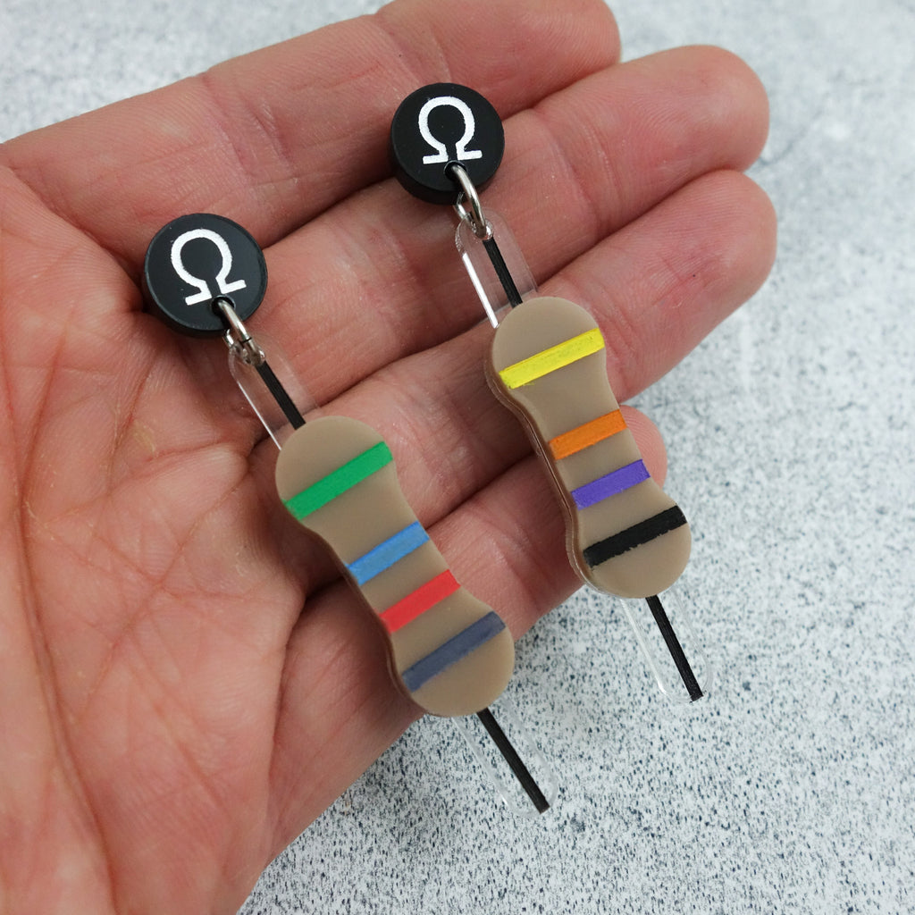 Laser Cut Acrylic Resistor Earrings with Black Ohm Earring Toppers. 