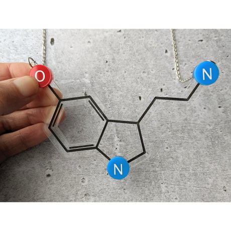 Statement sized Acrylic Serotonin necklace being held in hand
