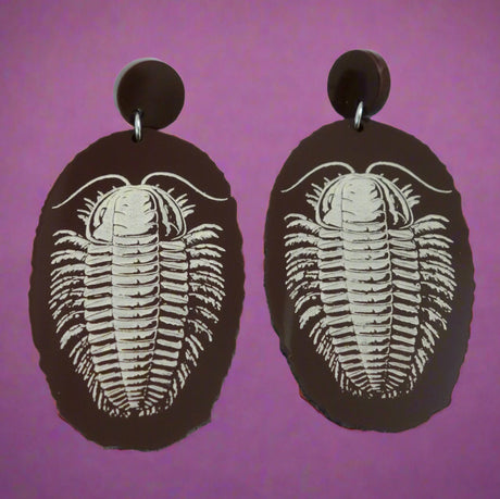 Dark Brown Trilobite Faux Fossil Earrings from Laser Cur Acrylic. Close up view.
