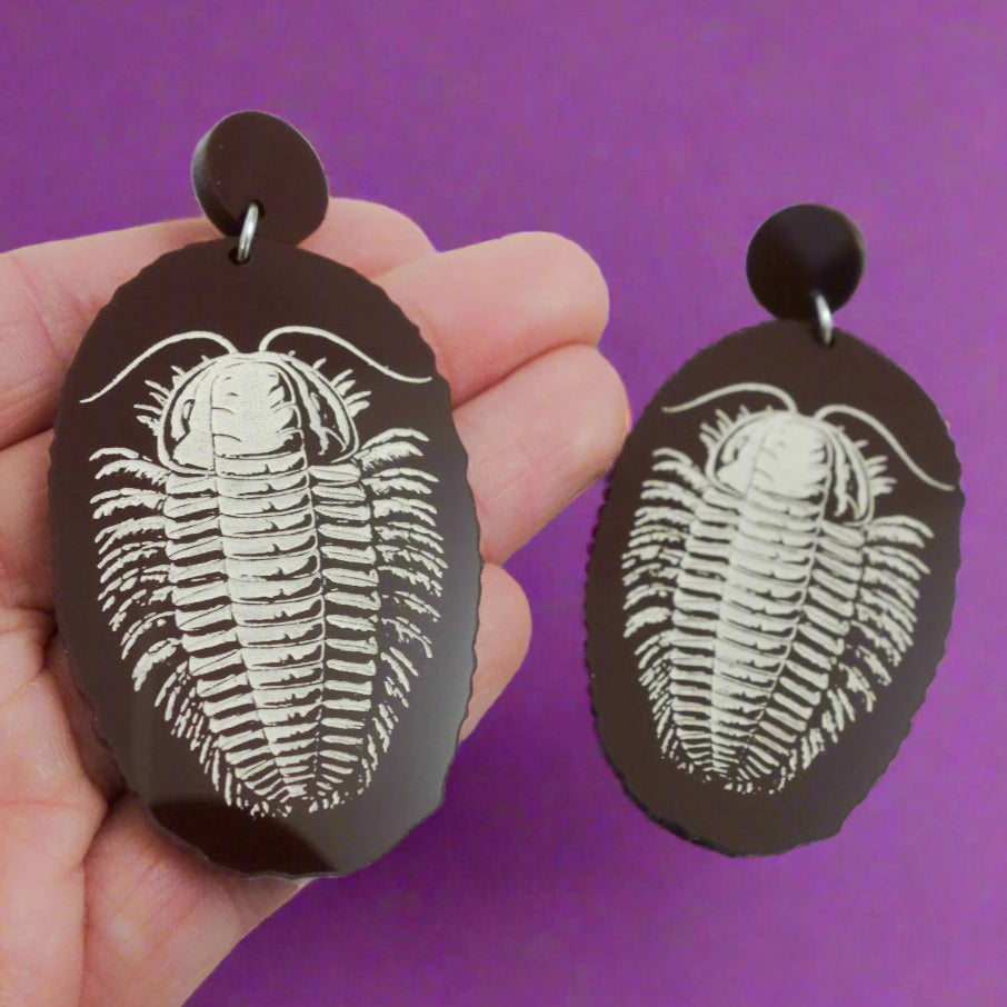 Dark Brown Trilobite Faux Fossil Earrings from Laser Cur Acrylic.