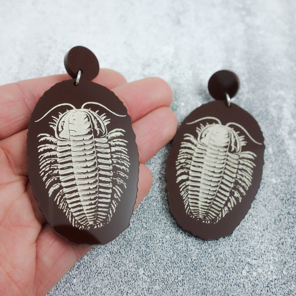 Dark Brown Trilobite Faux Fossil Earrings from Laser Cur Acrylic.