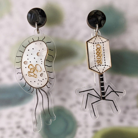 Asymmetrical Bacteria and Virus Earrings closeup. Laser cut from acrylic. 