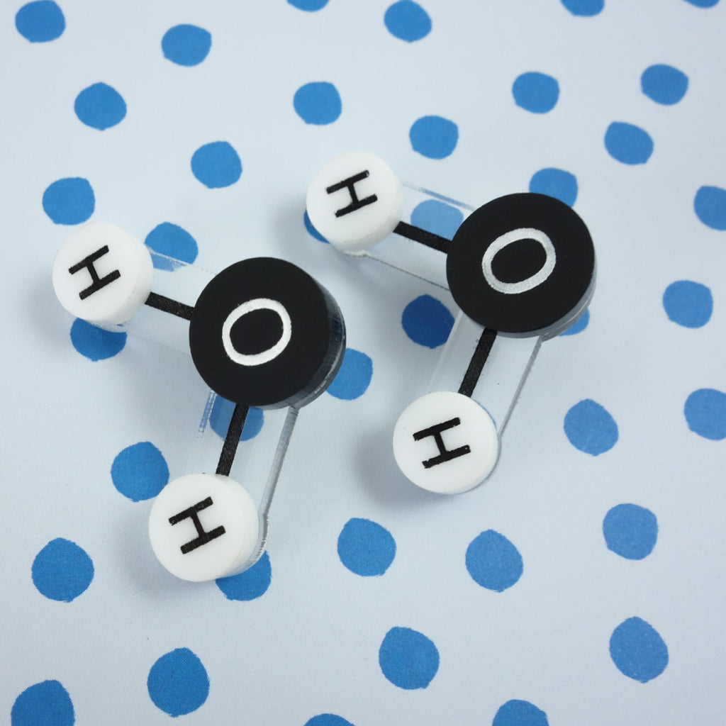 Laser Cut Acrylic Water Molecule Earrings. Ball and Stick Molecule with Oxygen and Hydrogen Atoms. Black and White Colourway. 