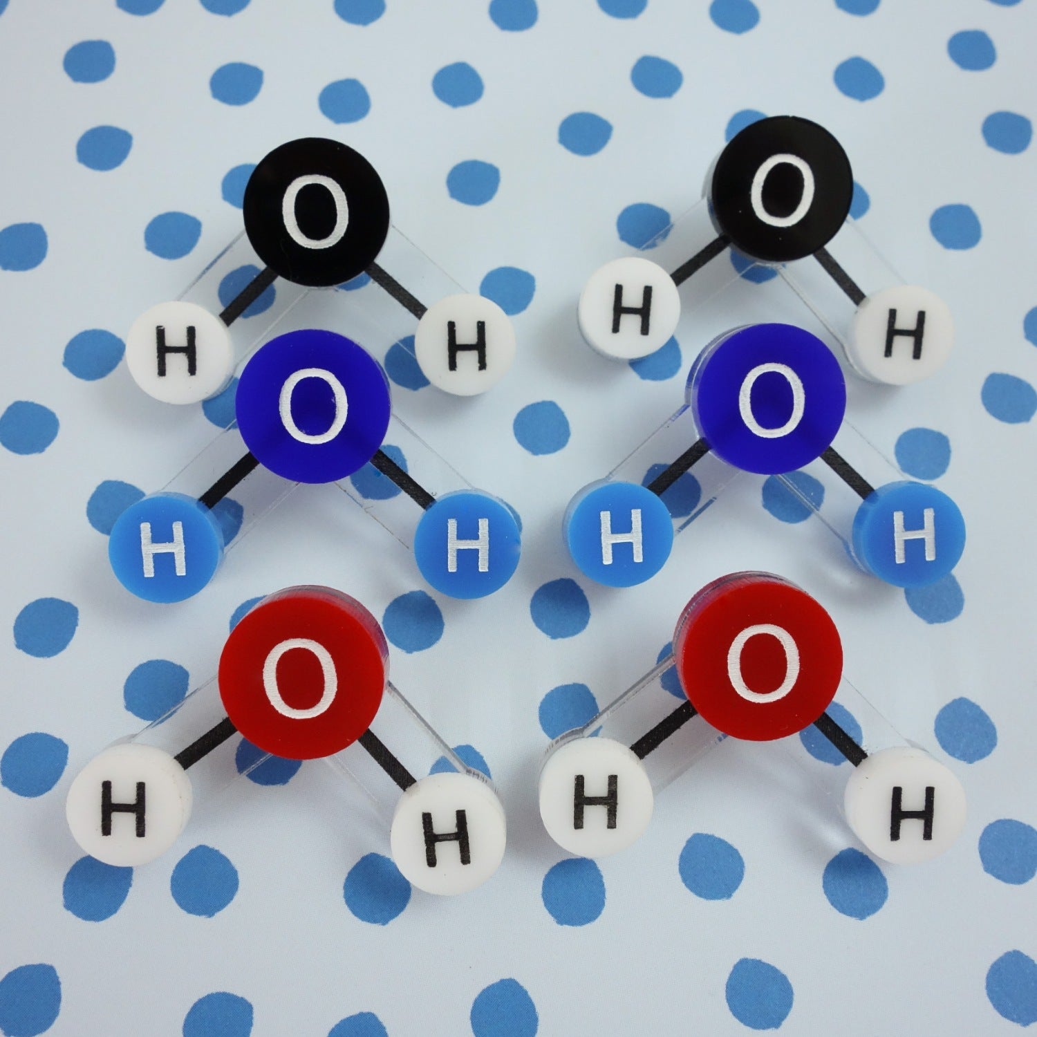 Laser Cut Acrylic Water Molecule Earrings. Ball and Stick Molecule with Oxygen and Hydrogen Atoms. All Colourways shown. 