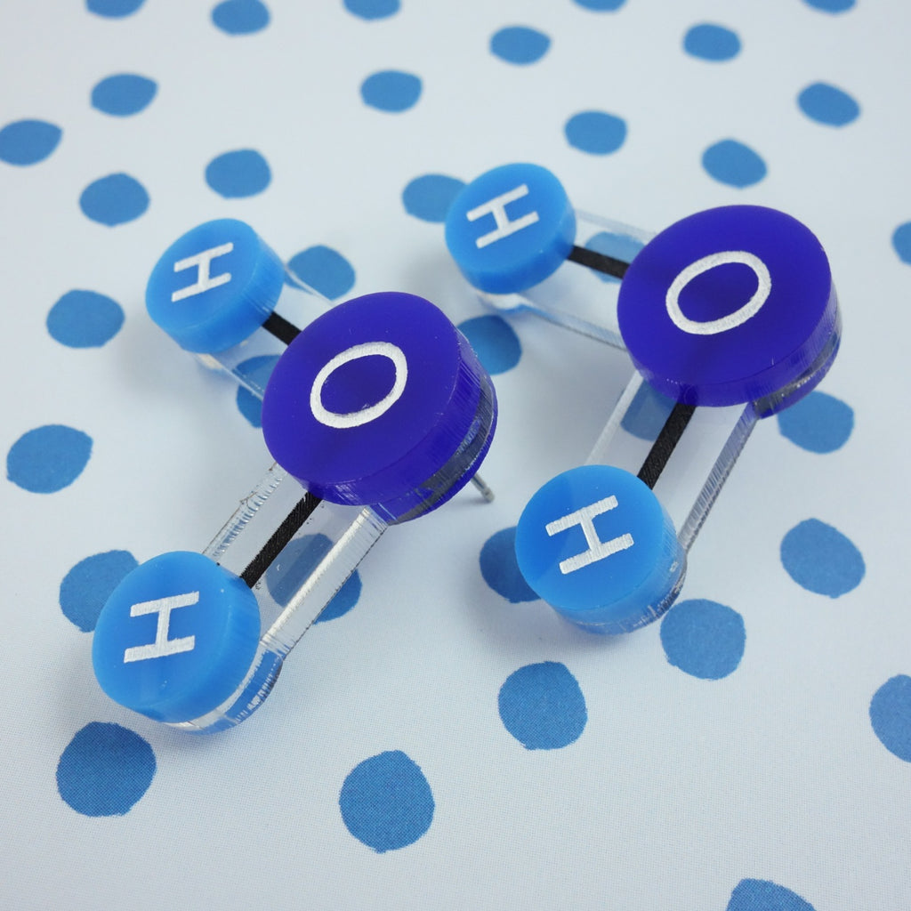 Laser Cut Acrylic Water Molecule Earrings. Ball and Stick Molecule with Oxygen and Hydrogen Atoms. Blue Colourway. 