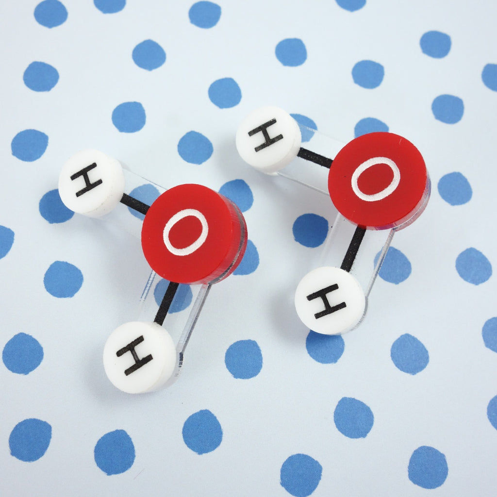 Laser Cut Acrylic Water Molecule Earrings. Ball and Stick Molecule with Oxygen and Hydrogen Atoms. Red and White Colourway. 